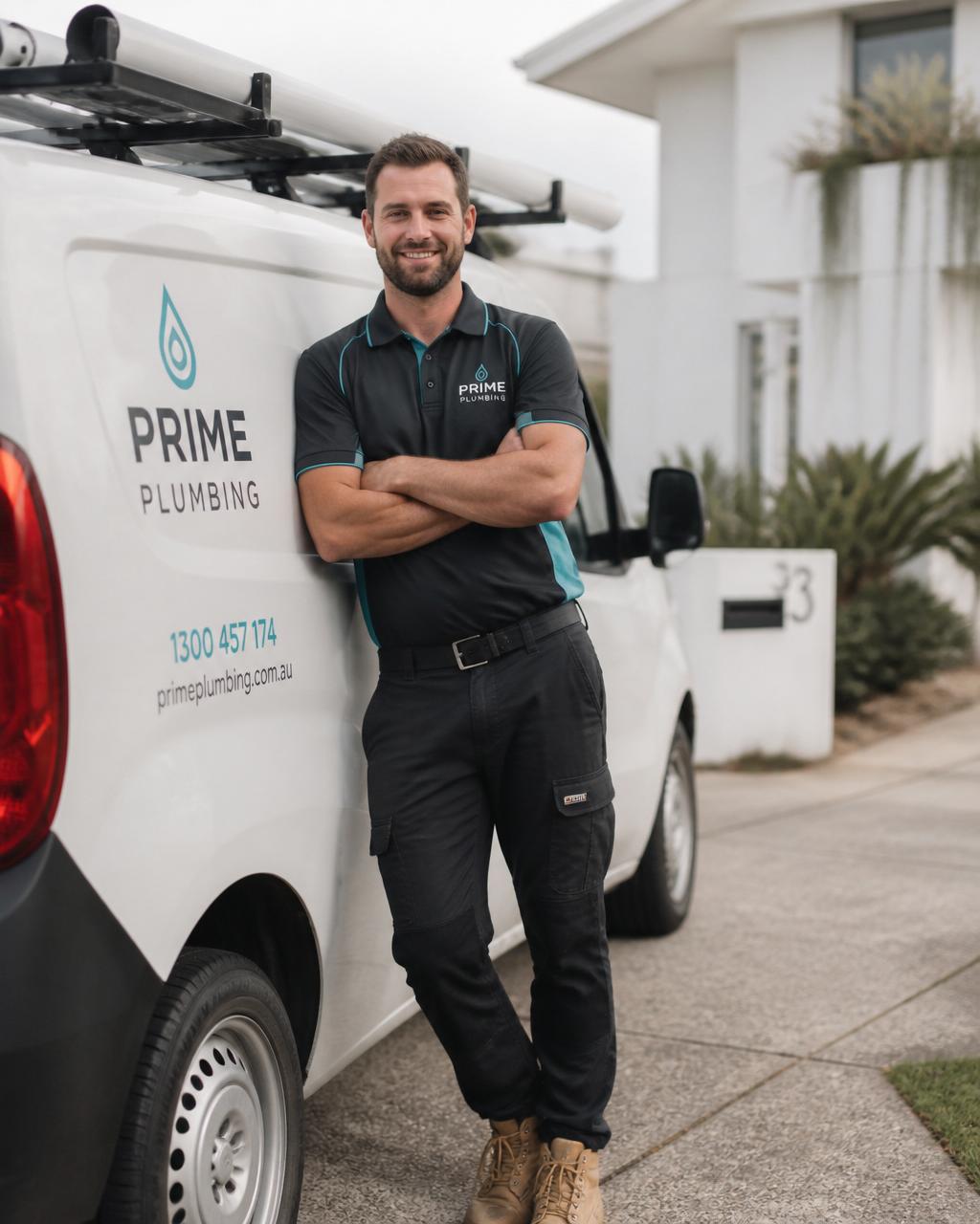 Licensed Northline plumber standing beside a branded service van outside a modern home