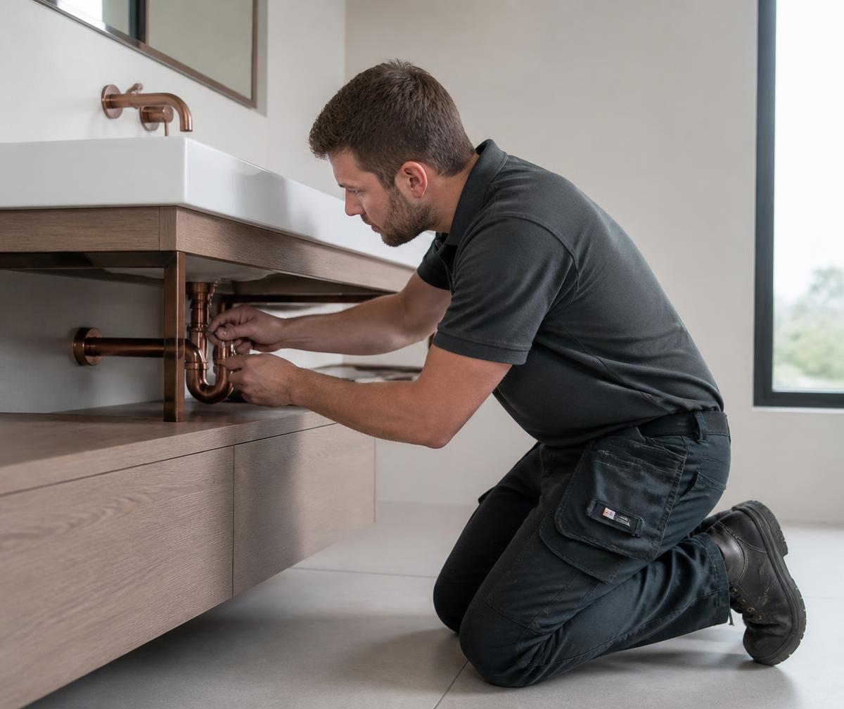 Northline technician repairing pipework beneath a modern bathroom vanity