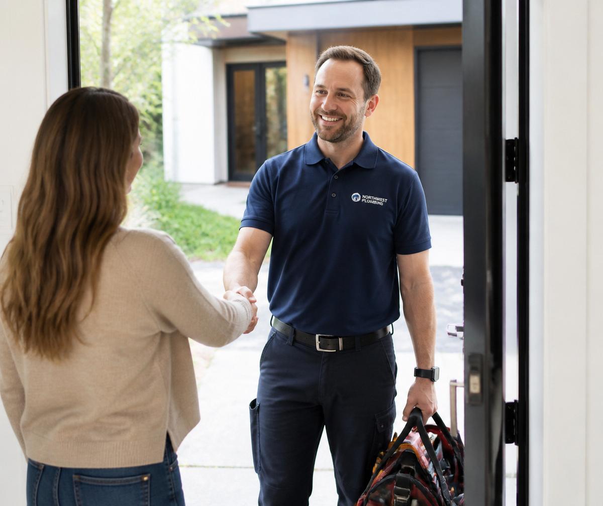 Northline technician greeting a homeowner at the door of a modern house